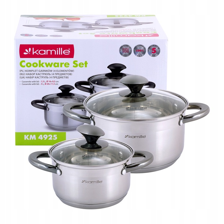 2db edény készlet, Kamille, rozsdamentes acél, hőálló fedő, 1,5Lx16cm, 3,0Lx20cm, ezüst