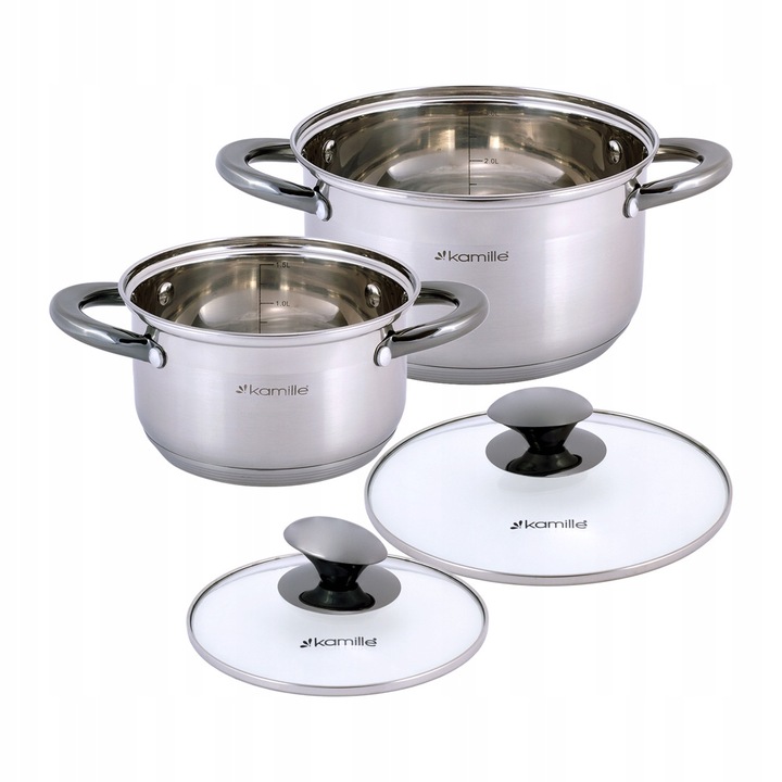 Set de 2 oale din inox cu capace Kamille, vase de gatit pentru inductie, 1.5 L si 3 L - KM4925