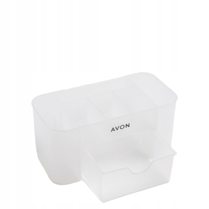 Avon tároló kozmetikumokhoz, 6 rekeszes és fiókos, átlátszó, 21x11x10cm