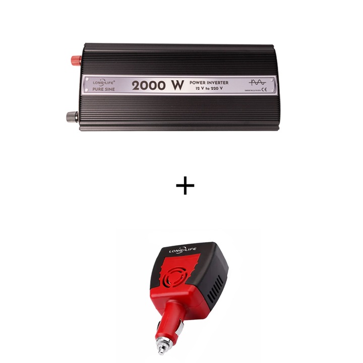 Set Invertor 2000 W, sinus pur, 12 V - 220 V, auto si sisteme panouri solare, rulota, 150W/200W adaptor priza bricheta 12V