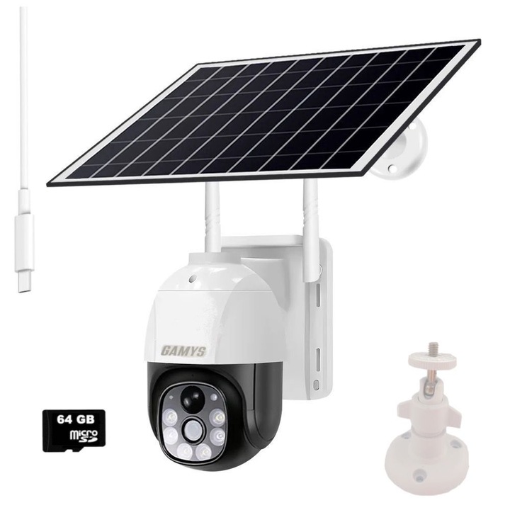 Camera de supraveghere cu Panou Solar GAMYS, 3MP, conexiune WIFI, Monitorizare 360grade, Baterii 8000mAh, Cablu USB si card 64GB incluse