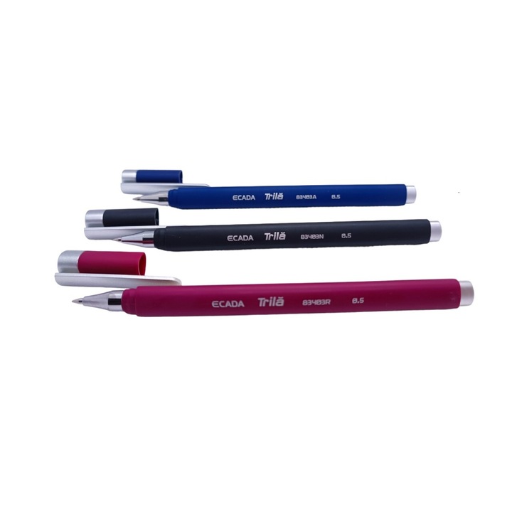 Set 3 pix cu gel Ecada, corp din plastic cauciucat, grosime scriere 0.5 mm rosu, albastru si negru