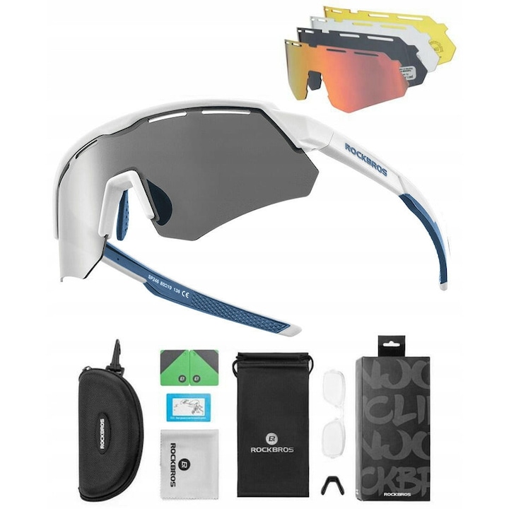 Ochelari sportivi Rockbros SP246-1, polarizati, set 4 lentile UV, cadru corector, alb, TR90