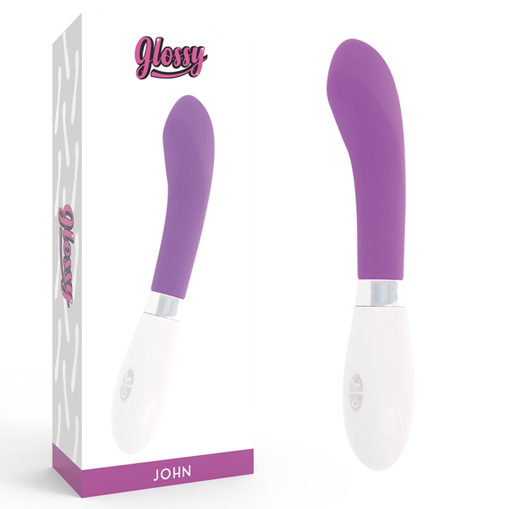 Vibrator GLOSSY John Curve, silicon, 10 moduri de vibratie, rezistent la apa, mov, 12cm