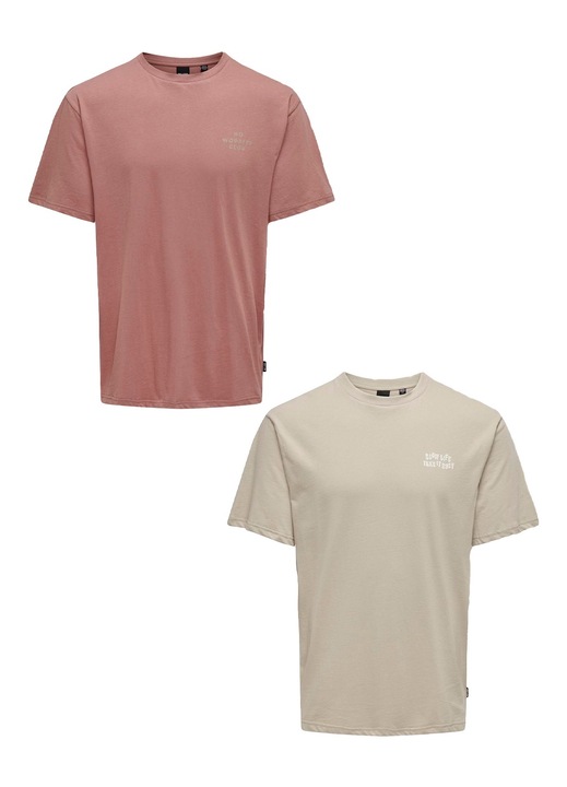 2 db-os férfi póló készlet, Only & Sons, pamut, bézs/piros, Piros/Bézs