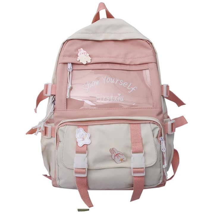 Jormftte Iskolatáska, Kawaii, kék/zöld/rózsaszín, 43x30x12cm, cipzáras záródással