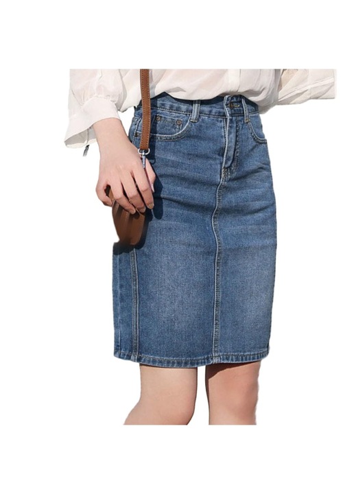 Fusta creion din denim elastic, albastru deschis, pentru toate anotimpurile, L INTL