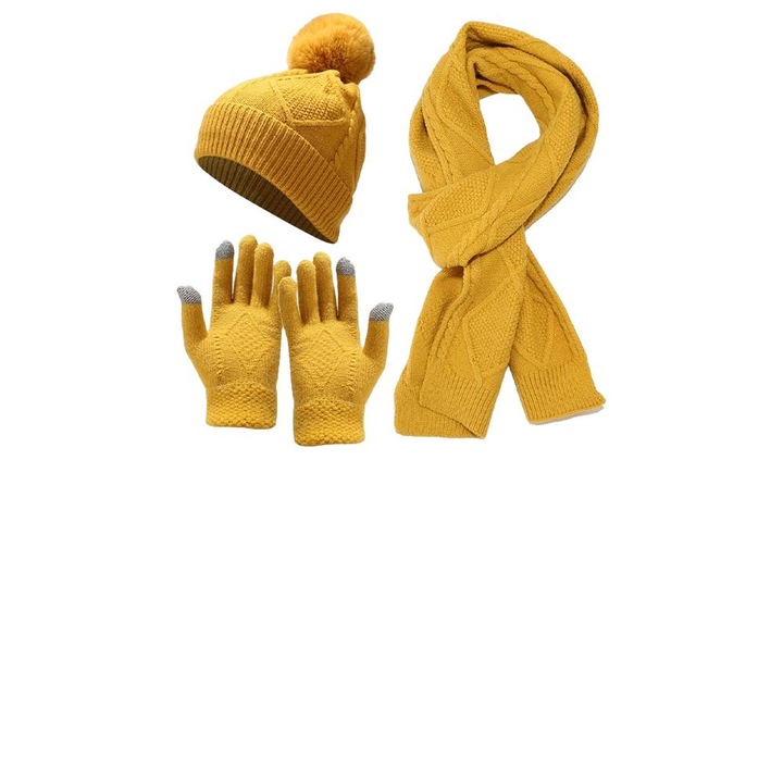 Set caciula cu esarfa si manusi dama, galben, acril, universal