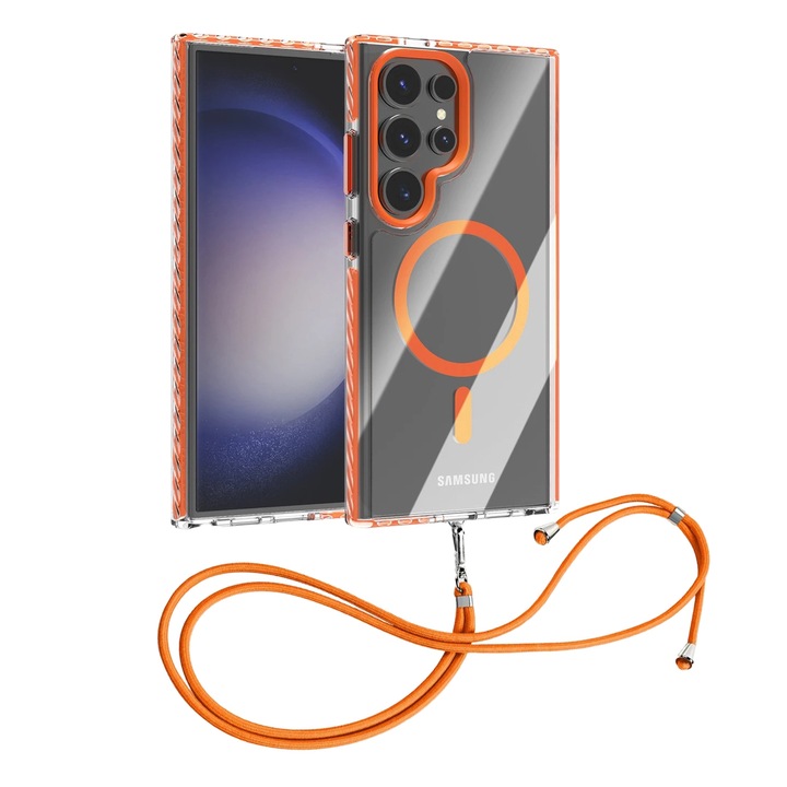 Husa pentru Samsung Galaxy S24 Ultra, Snur detasabil, Antisoc, Protectie Superioara, Bumper interior, Magsafe, Transparenta cu Portocaliu