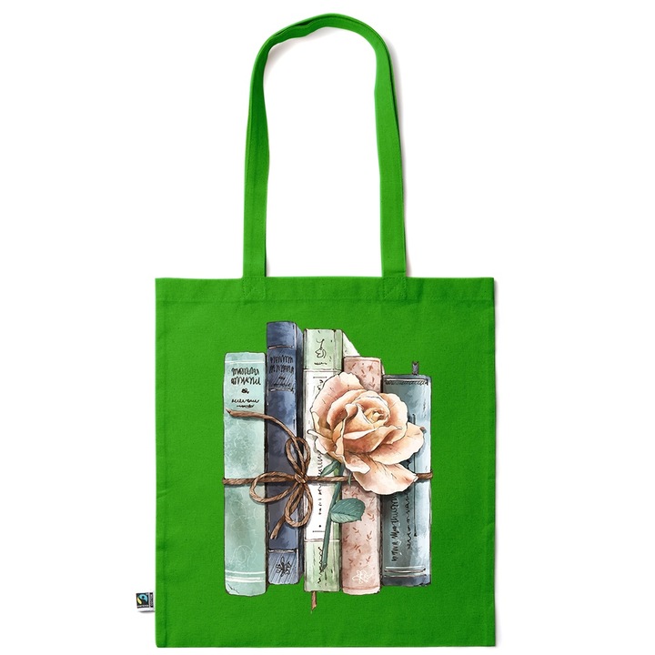 Intelli® Sacosa bumbac Eco-friendly pentru cumparaturi cu manere lungi, Flowers Collection, Old Book With A Rose, 38x42cm, Verde inchis, GR-KI10