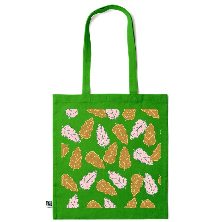 Intelli® Екологична памучна пазарска чанта Sacosa с дълги дръжки, Leaf Colorful, 38×42cm, Тъмнозелен, GR-KI60
