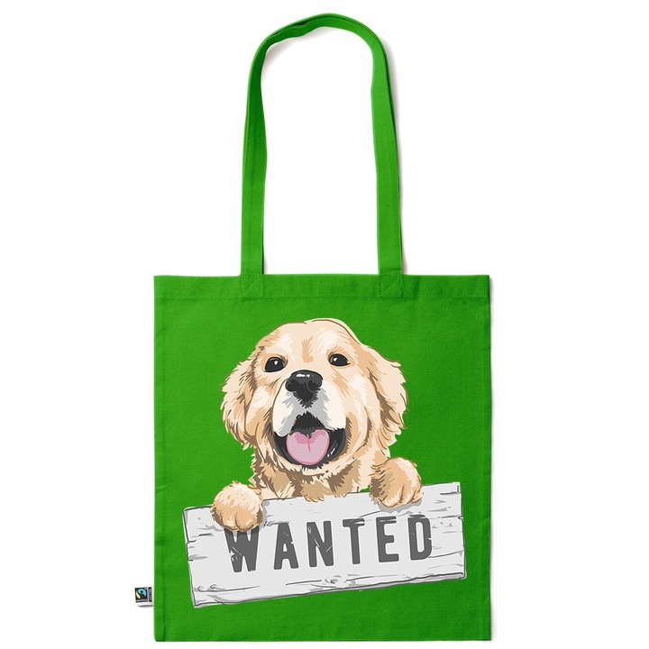 Intelli® Sacosa bumbac Eco-friendly pentru cumparaturi cu manere lungi, Wanted Dog, 38×42cm, Verde inchis, GR-KI77