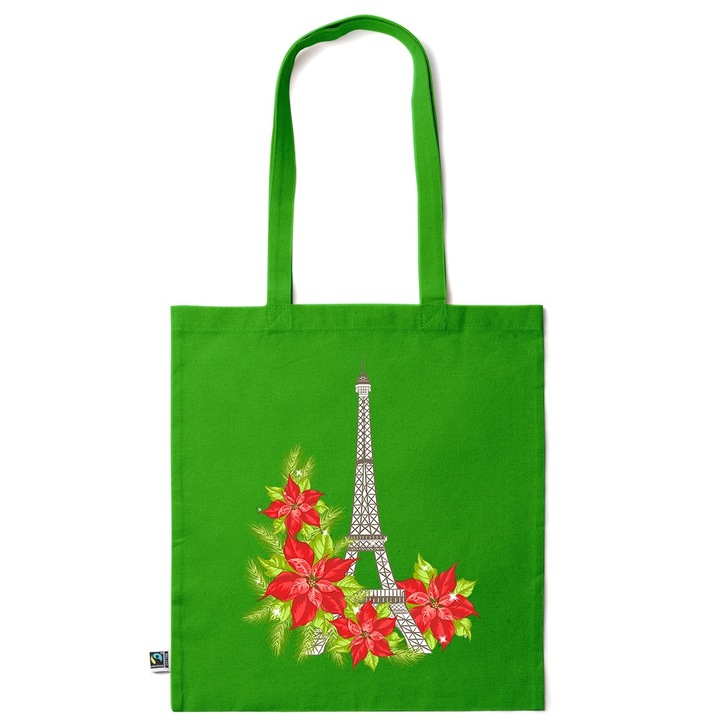 Intelli® Öko-barát pamut bevásárlótáska hosszú füllel, Flowers kollekció, Eiffel-torony virágos, 38x42cm, Sötétzöld, GR-KI7