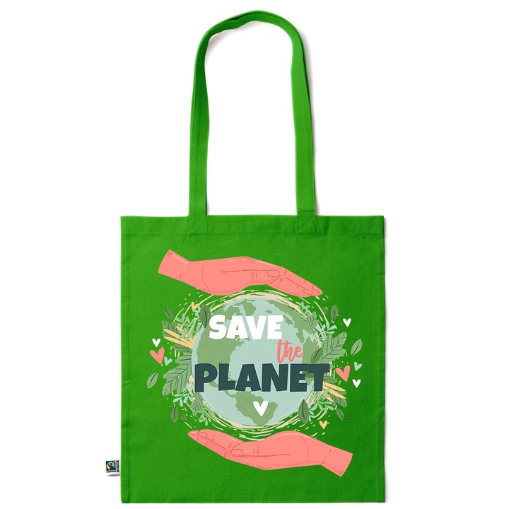 Go For It Shopper fazonú pamut táska mintával, Save The Planet, 38×42cm, Zöld smaragd, GR-KI15