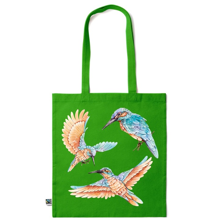 Intelli® Környezetbarát pamut bevásárlótáska hosszú fogantyúkkal, Színes madarak, 38×42cm, Sötétzöld, GR-KI100