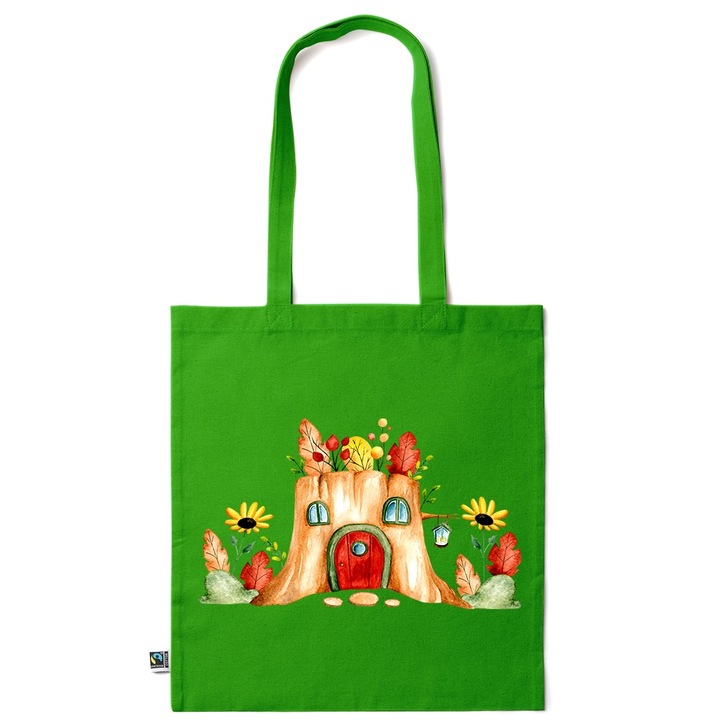 Intelli® Öko-barát pamut bevásárlótáska hosszú füllel, Tree Stump House, 38×42cm, Sötétzöld, GR-KI113