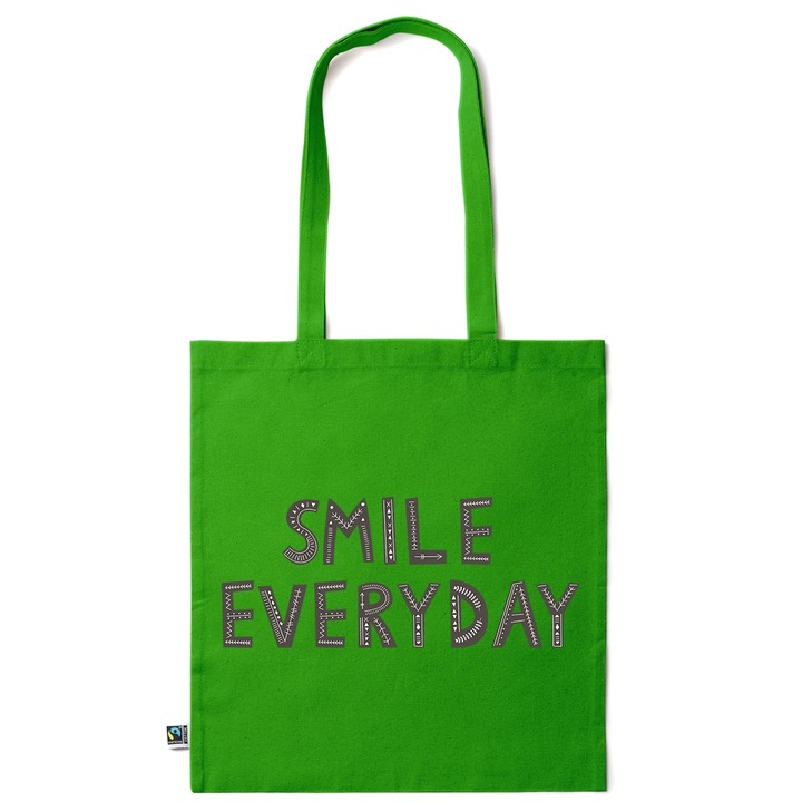 Intelli® Eco-barát pamut bevásárlótáska hosszú füllel, Smile Everyday, 38×42cm, Sötétzöld, GR-KI148