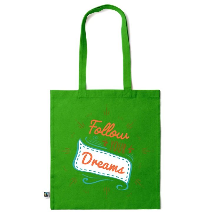 Intelli® Sacosa bumbac Eco-friendly pentru cumparaturi cu manere lungi, Follow Your Dreams, 38×42cm, Verde inchis, GR-KI150
