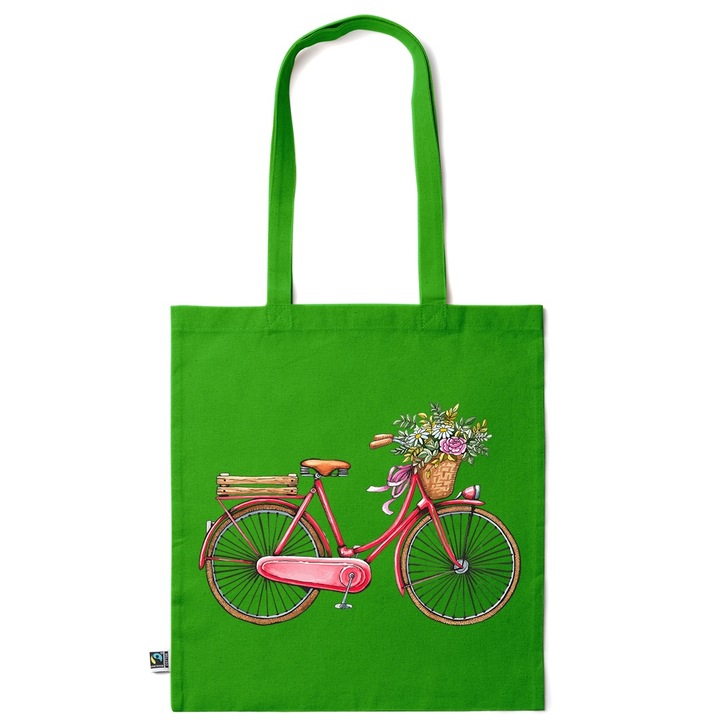 Intelli® Sacosa bumbac Eco-friendly pentru cumparaturi cu manere lungi, Flowers Collection, Bicycle Floral, 38x42cm, Verde inchis, GR-KI2