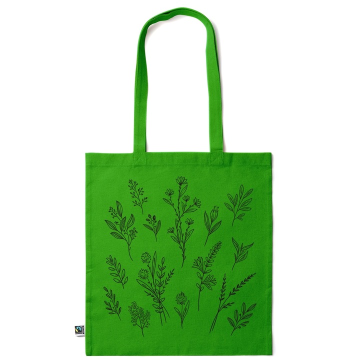 Intelli® Eco-barát pamut bevásárlótáska hosszú füllel, Fekete virágok, 38×42cm, Sötétzöld, GR-KI149