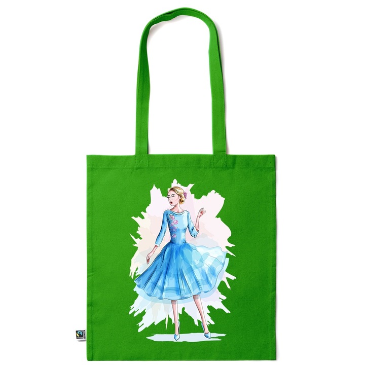 Intelli® Környezetbarát pamut bevásárlótáska hosszú füllel, Elegáns Nő, 38×42cm, Sötétzöld, GR-KI124