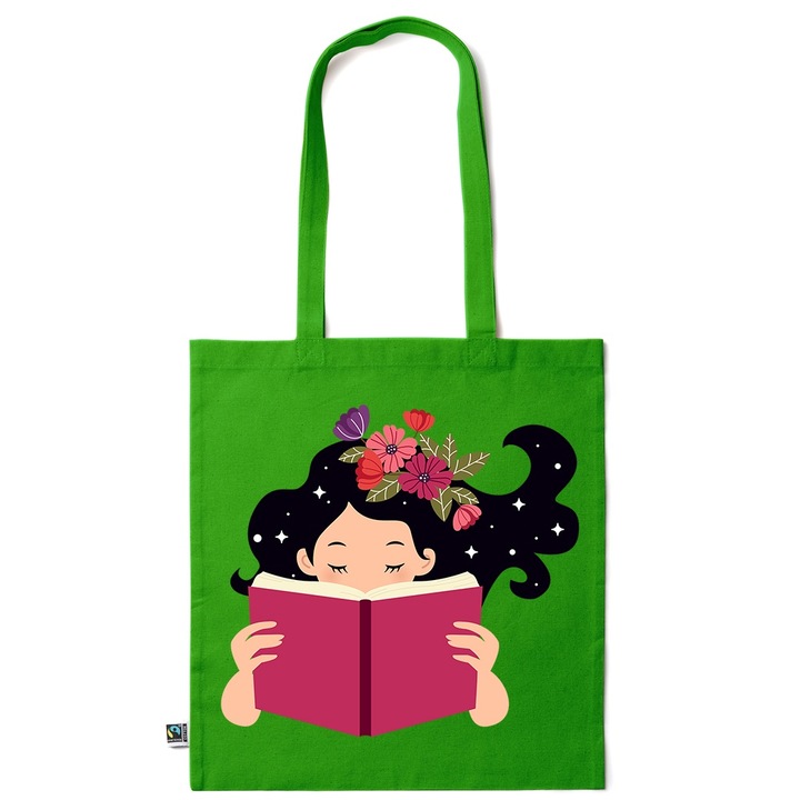 Intelli® Sacosa bumbac Eco-friendly pentru cumparaturi cu manere lungi, Book lover, 38×42cm, Verde inchis, GR-KI125