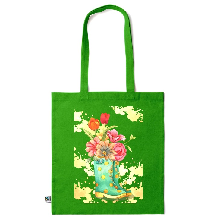 Intelli® Környezetbarát pamut bevásárlótáska hosszú füllel, csizmák - virágok, 38×42cm, sötétzöld, GR-KI167