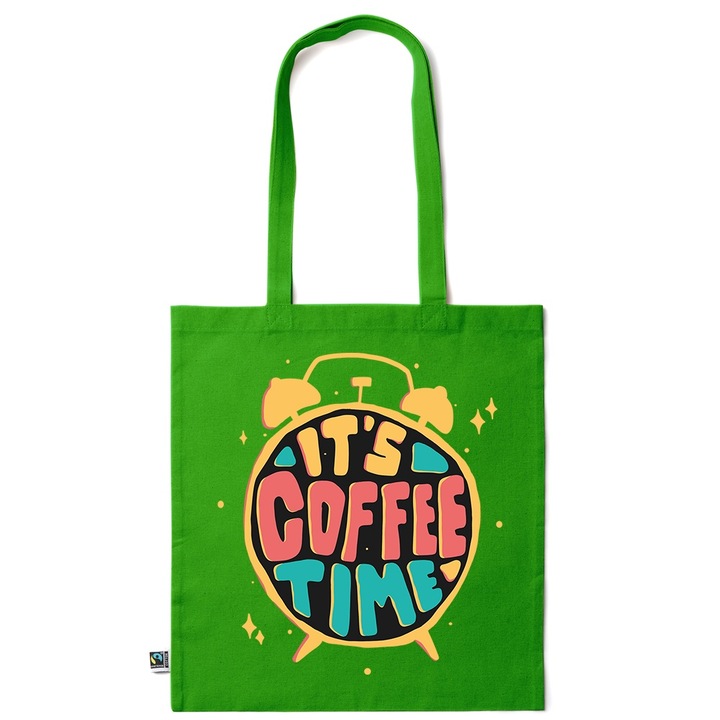 Intelli® Sacosa bumbac Eco-friendly pentru cumparaturi cu manere lungi, Coffee Time, 38×42cm, Verde inchis, GR-KI217