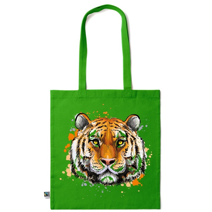 Intelli® Sacosa памучна Еко-приятелска чанта за пазаруване с дълги дръжки, Тигър, 38×42см, Тъмно зелено, GR-KI201