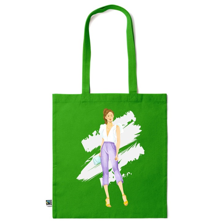 Intelli® Környezetbarát pamut bevásárlótáska hosszú füllel, Stílusos nő, 38×42cm, Sötétzöld, GR-KI122