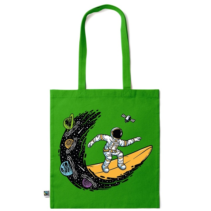 Intelli® Sacosa bumbac Eco-friendly pentru cumparaturi cu manere lungi, Surfing Astronaut, 38×42cm, Verde inchis, GR-KI210