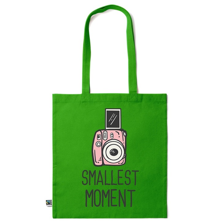 Intelli® Sacosa bumbac Eco-friendly pentru cumparaturi cu manere lungi, Smallest Moment, 38×42cm, Verde inchis, GR-KI227