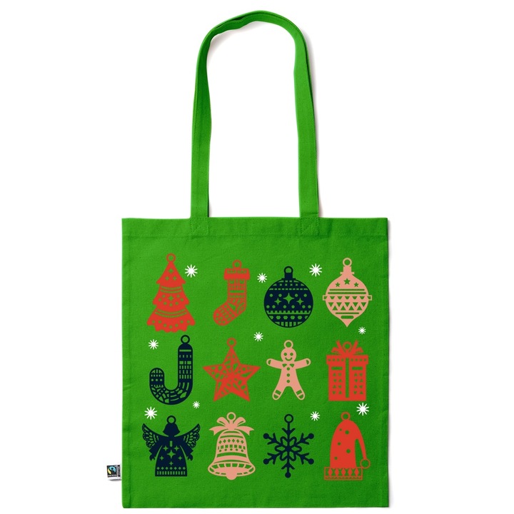 Intelli® Sacosa bumbac Eco-friendly pentru cumparaturi cu manere lungi, Winter Ornaments, 38×42cm, Verde inchis, GR-KI256