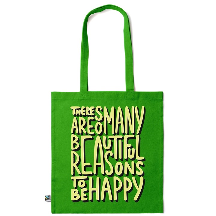 Go For It Shopper fazonú pamut táska mintával, Be Happy, 38×42cm, Zöld smaragd, GR-KI249