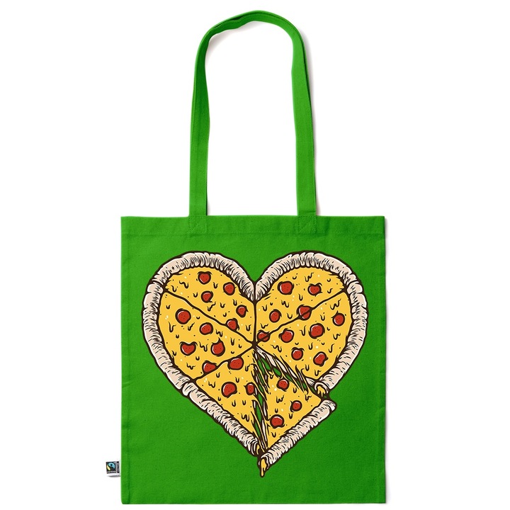 Intelli® Sacosa bumbac Eco-friendly pentru cumparaturi cu manere lungi, Pizza Love, 38×42cm, Verde inchis, GR-KI224