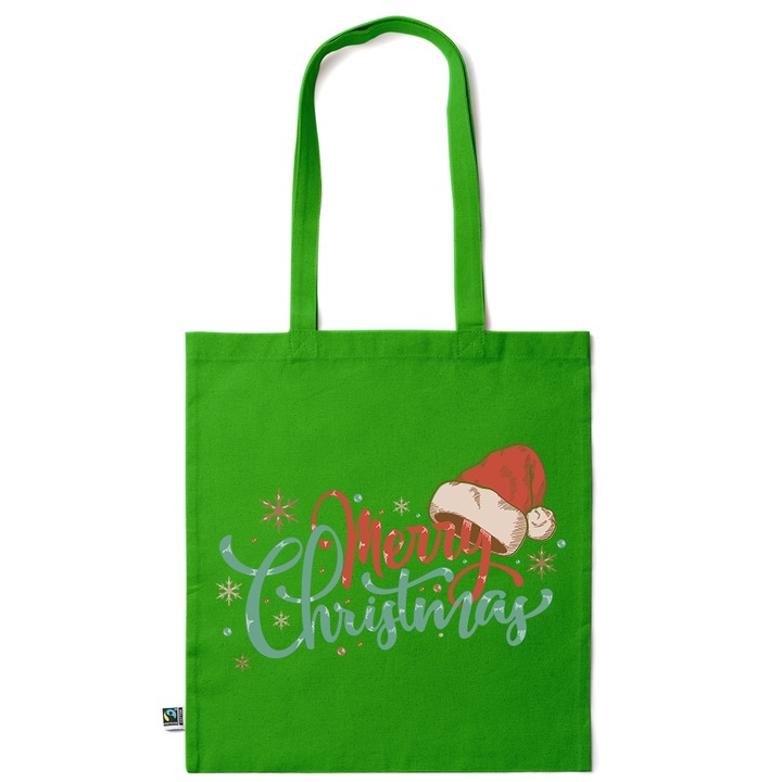 Intelli® Sacosa bumbac Eco-friendly pentru cumparaturi cu manere lungi, Merry Christmas, 38×42cm, Verde inchis, GR-KI284