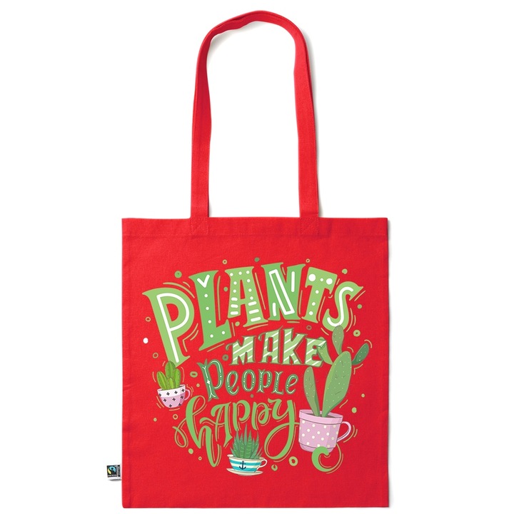 Intelli® Екологична памучна пазарска чанта Sacosa с дълги дръжки, Plants Make Me Happy, 38×42cm, Тъмночервен, R-KI25