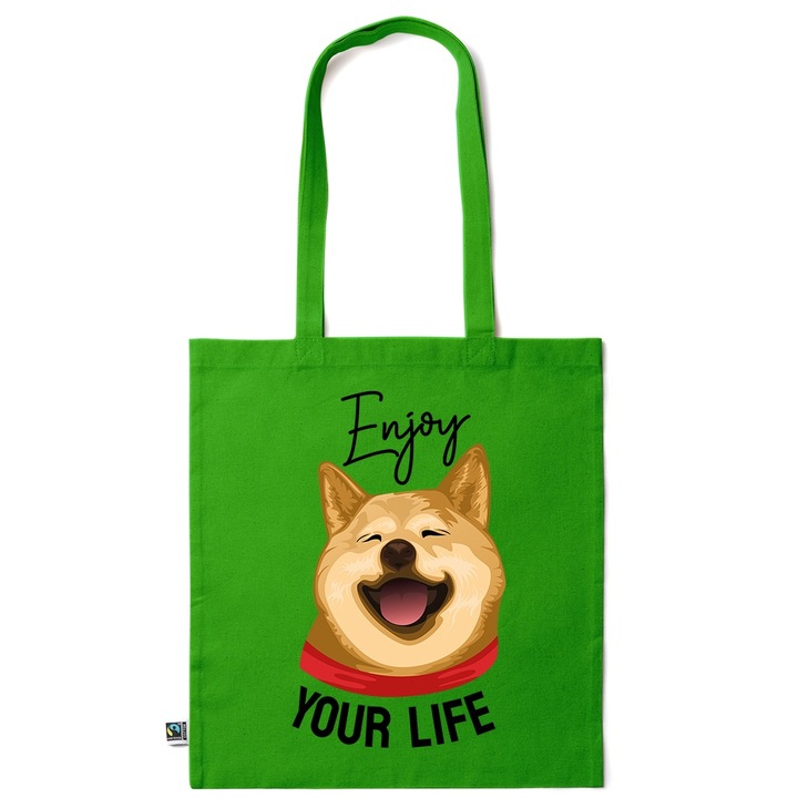 Intelli® Öko-barát pamut bevásárlótáska hosszú füllel, Enjoy Your Life, 38×42cm, Sötétzöld, GR-KI231