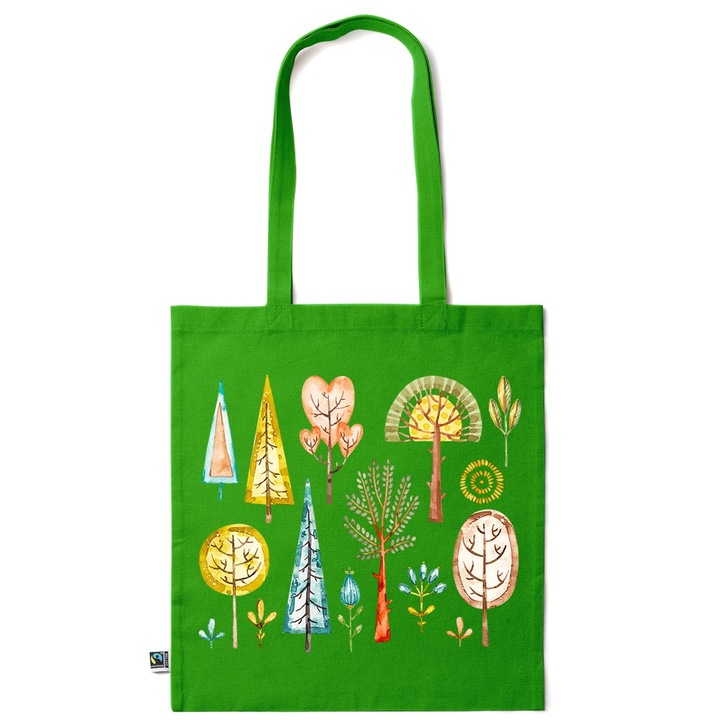 Intelli® Környezetbarát pamut bevásárlótáska hosszú füllel, Minimalista fák, 38×42cm, Sötétzöld, GR-KI133