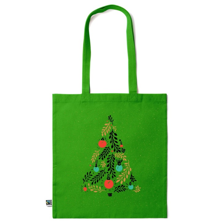 Intelli® Sacosa bumbac Eco-friendly pentru cumparaturi cu manere lungi, Merry Christmas, 38, Verde smarald, 38 x 42 cm