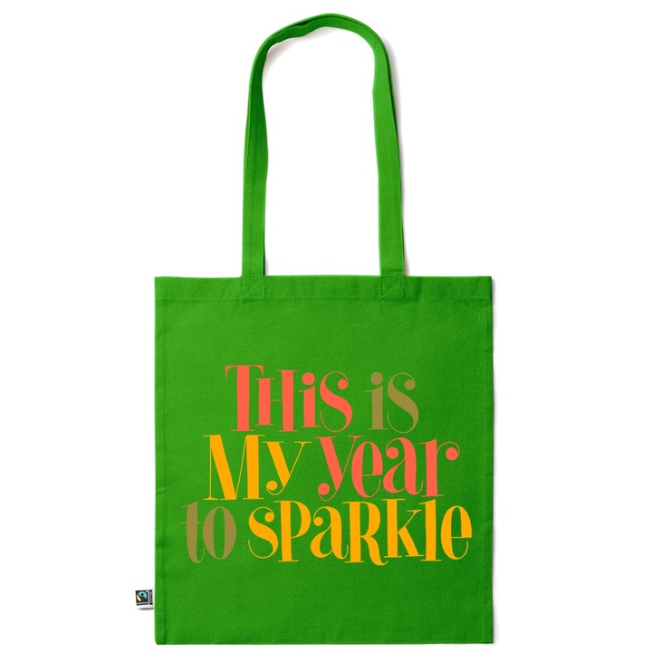 Go For It Shopper fazonú pamut táska mintával, My Year to Sparkle, 38×42cm, Zöld smaragd, GR-KI282