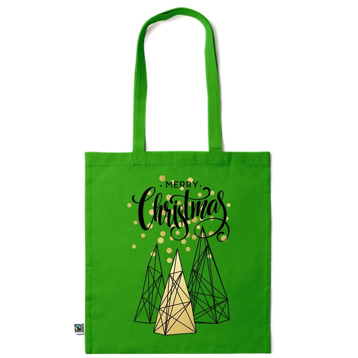 Intelli® Sacosa bumbac Eco-friendly pentru cumparaturi cu manere lungi, Merry Christmas, 38×42cm, Verde inchis, GR-KI279