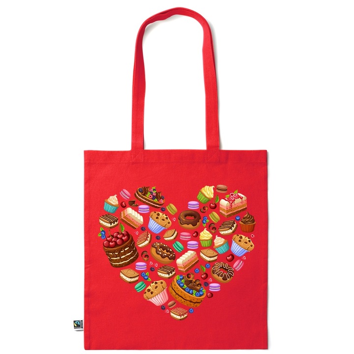 Go For It Shopper fazonú pamut táska mintával, Sweetness Heart, 38×42cm, Piros grenadine, R-KI12