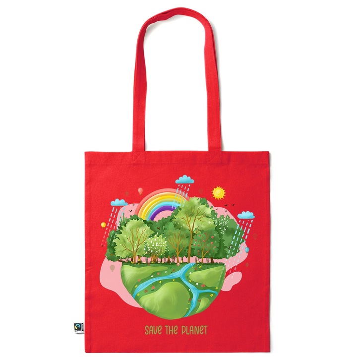 Go For It Shopper fazonú pamut táska mintával, Save The Planet, 38×42cm, Piros grenadine, R-KI14