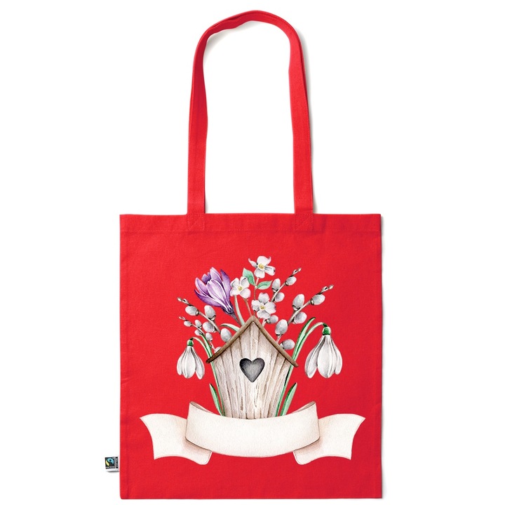 Intelli® Sacosa bumbac Eco-friendly pentru cumparaturi cu manere lungi, Flowers Collection, Aviary With Spring Flower, 38x42cm, Rosu inchis, R-KI5