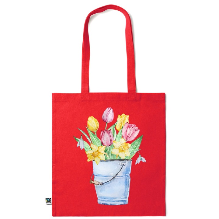 Go For It Shopper fazonú pamut táska mintával, Flowers Collection, Flowers In Bucket, 38x42cm, Piros grenadine, R-KI1