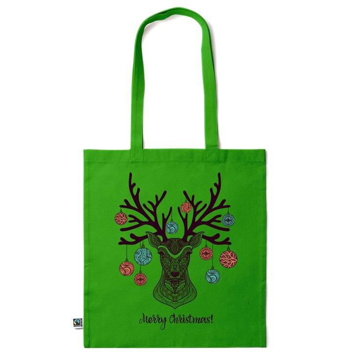 Intelli® Sacosa bumbac Eco-friendly pentru cumparaturi cu manere lungi, Merry Christmas, 38×42cm, Verde inchis, GR-KI276