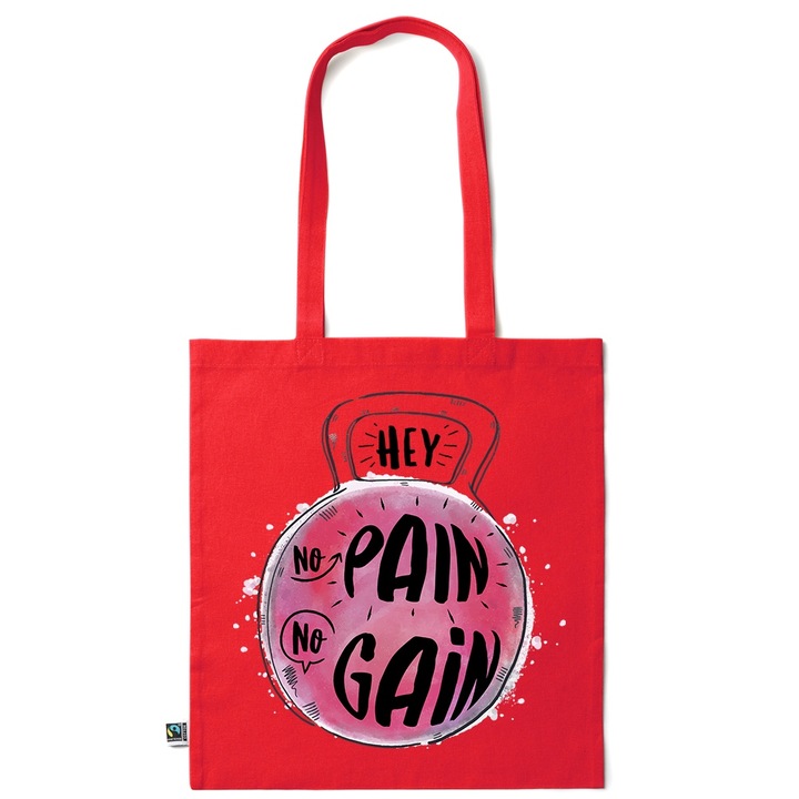 Intelli® Екологична памучна пазарска чанта Sacosa с дълги дръжки, No Pain No Gain, 38×42см, Тъмно червено, R-KI43