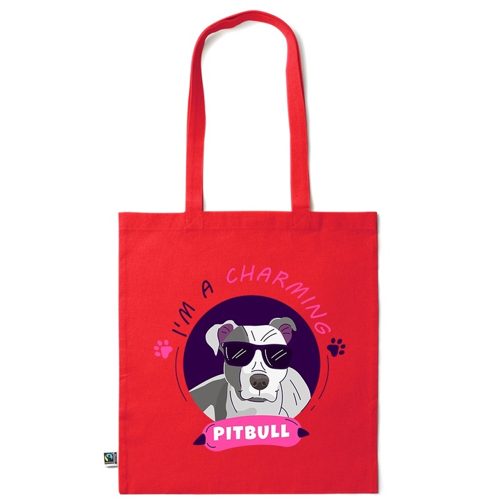 Go For It Shopper fazonú pamut táska mintával, Pitbull, 38×42cm, Piros grenadine, R-KI74