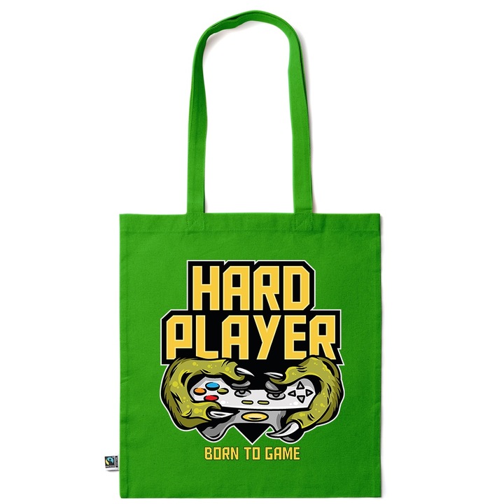 Intelli® Környezetbarát pamut bevásárlótáska hosszú füllel, Born to Game, 38×42cm, Sötétzöld, GR-KI223
